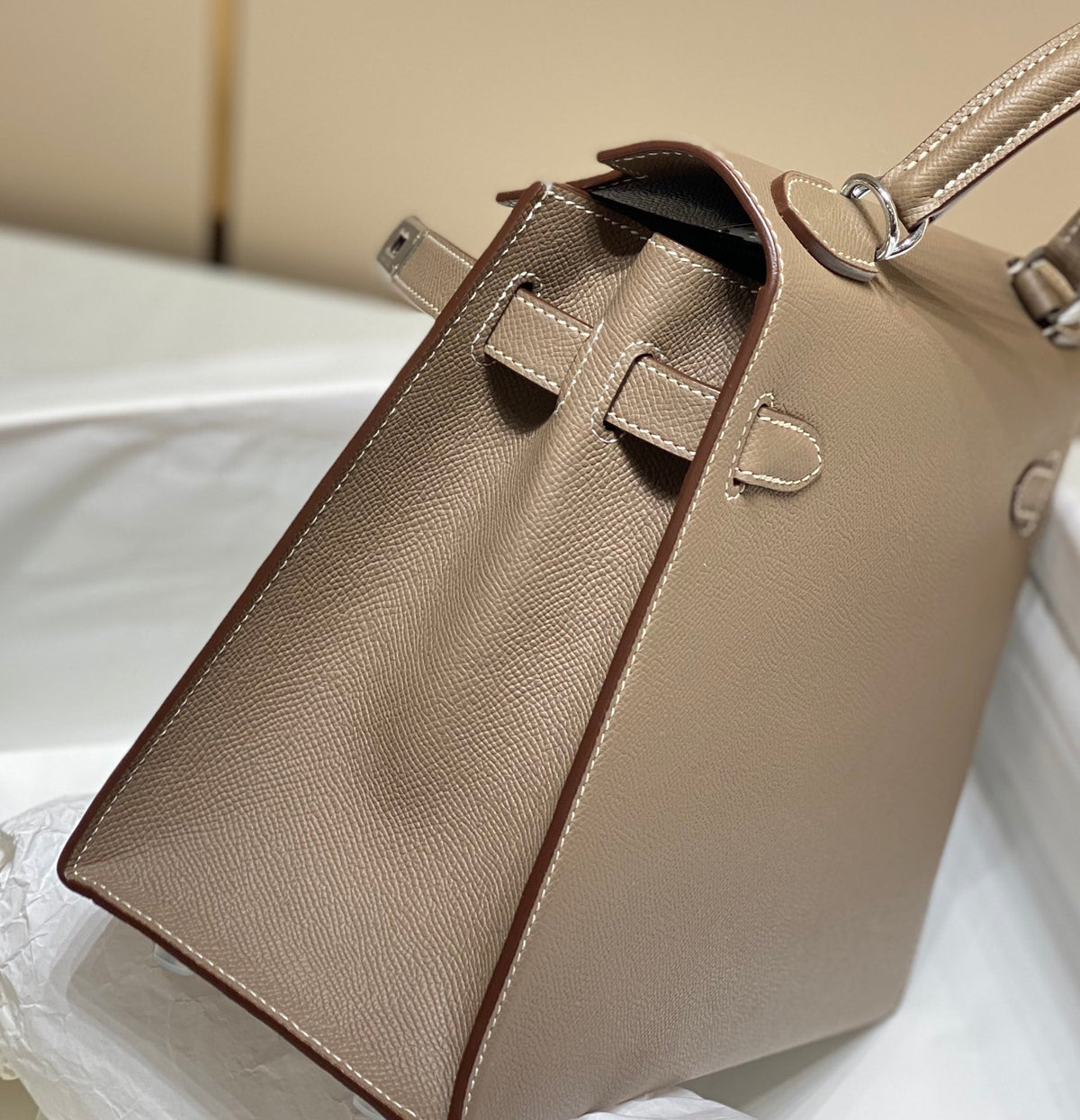 HERMES KELLY 28CM IN ETOUPE EPSOM CALFSKIN SLIVER HARDWARE
