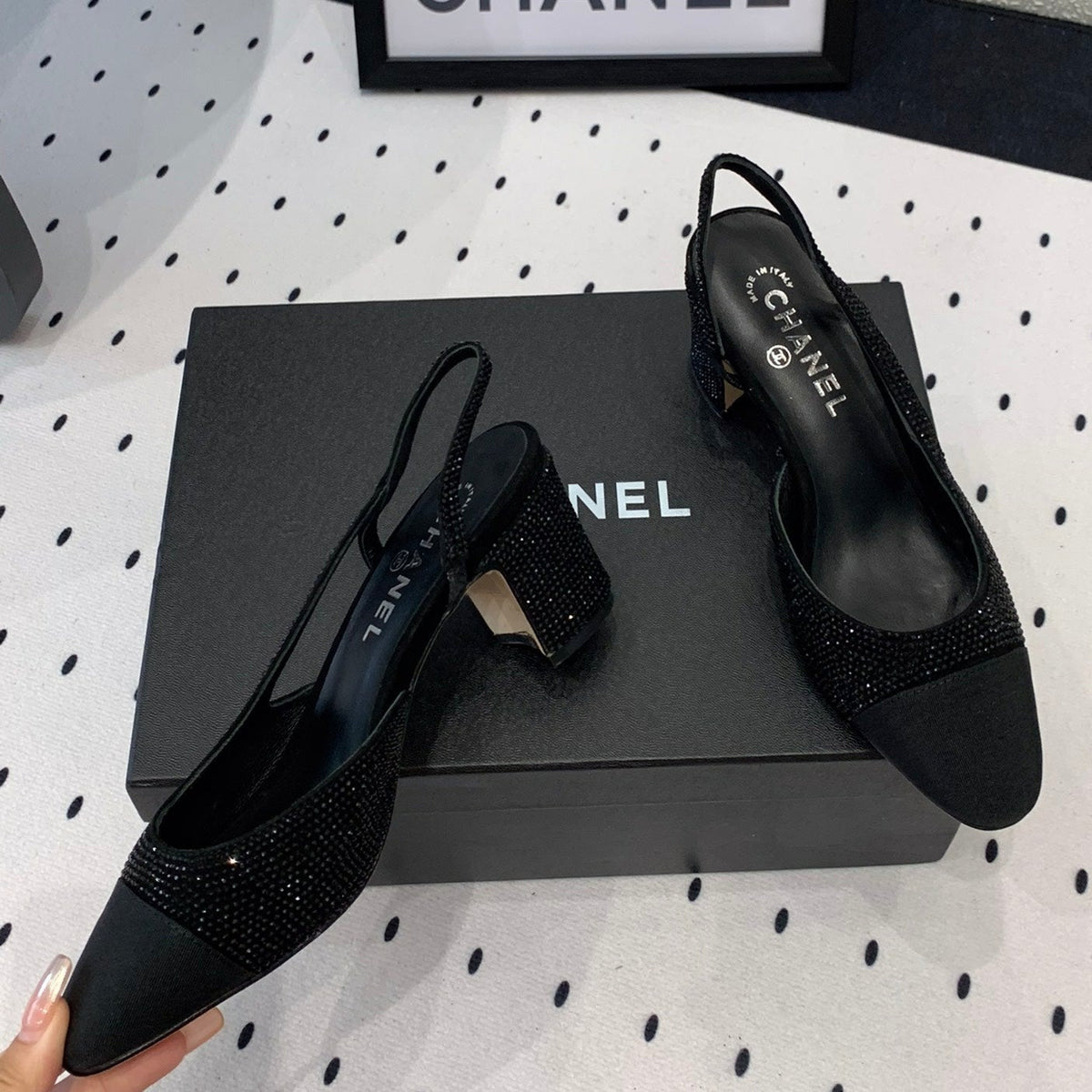 CHANEL Double  Rhinestone Slingback Sheepskin Black