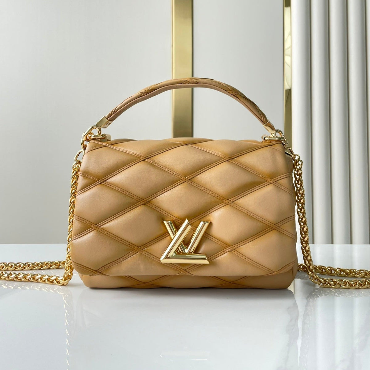 LOUIS VUITTON GO-14 PM 20 IN LIGHT FAWN QUILTED LAMBSKIN GOLD HARDWARE