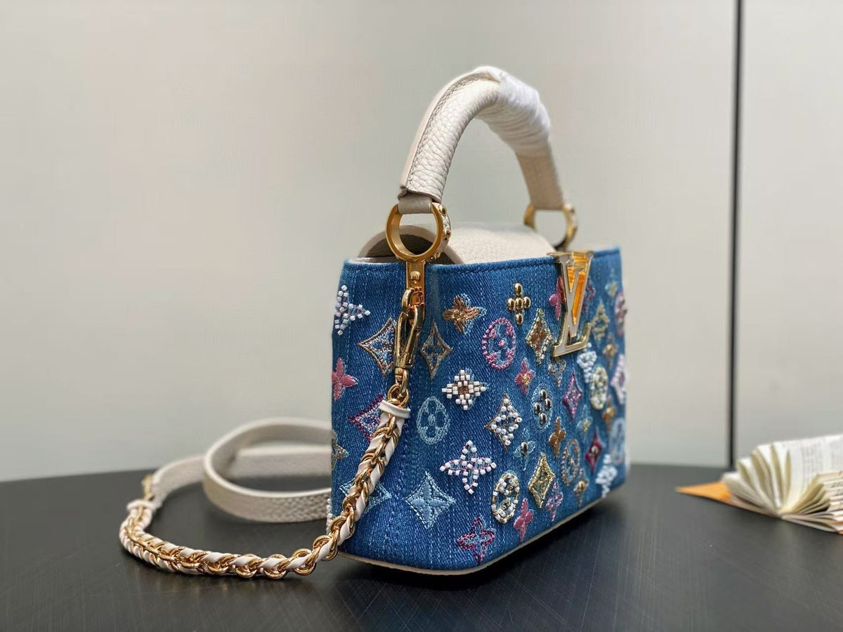 LOUIS VUITTON LV CAPUCINES BAG 21 PINIC IN COLORFUL DENIM GOLD HARDWARE