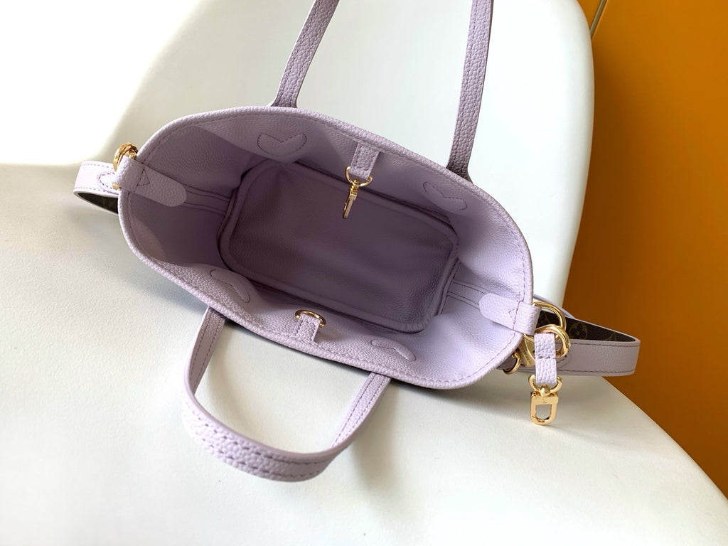 LOUIS VUITTON LV 25S NEVERFULL BANDOULIÈRE INSIDE OUT BB 31 IN LIGHT PURPLE AND BROWN CALFSKIN