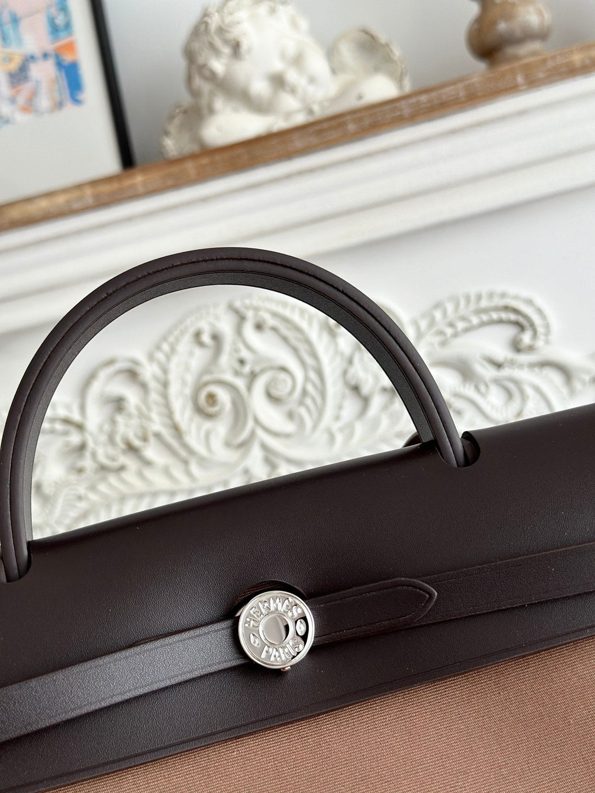 HERMES ZIP CABINE 31 BAG IN CHOCOLATE BROWN CANVAS AND BLACK CALFSKIN