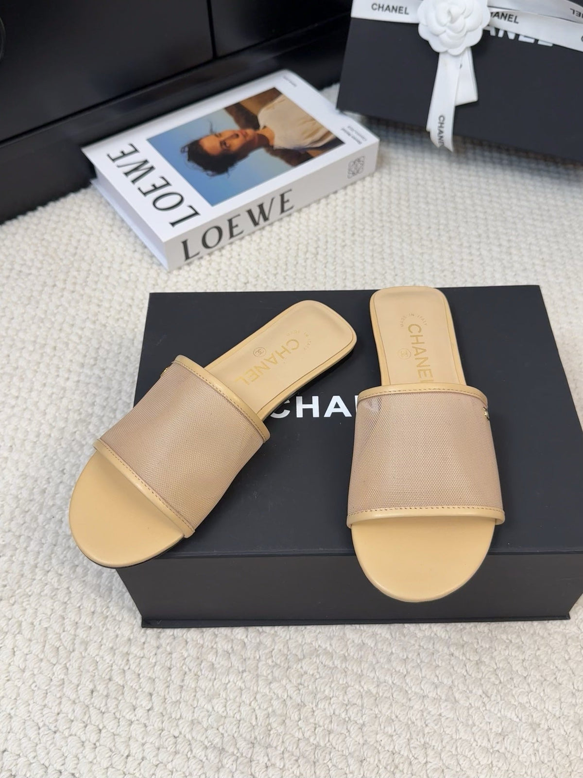 CHANEL FLAT SLIDE IN FLAX YELLOW MESH AND SUEDE